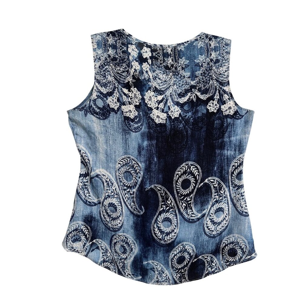 Milano Blue Paisley Tank Top  XL Embellished Neckline Boho Career Capsule - Picture 2 of 8